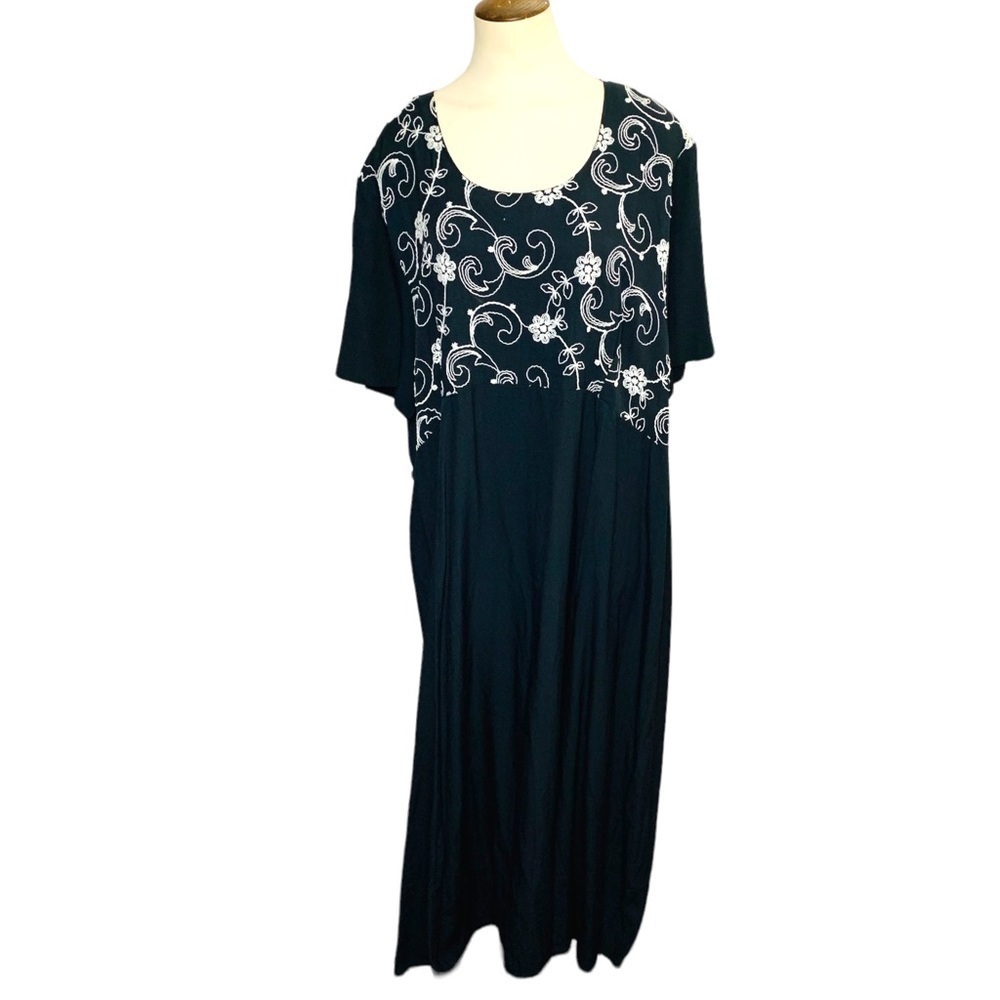 KATHRYN Deene Black White Embroidery Maxi Dress Short Sleeves Drawstring Sz 22